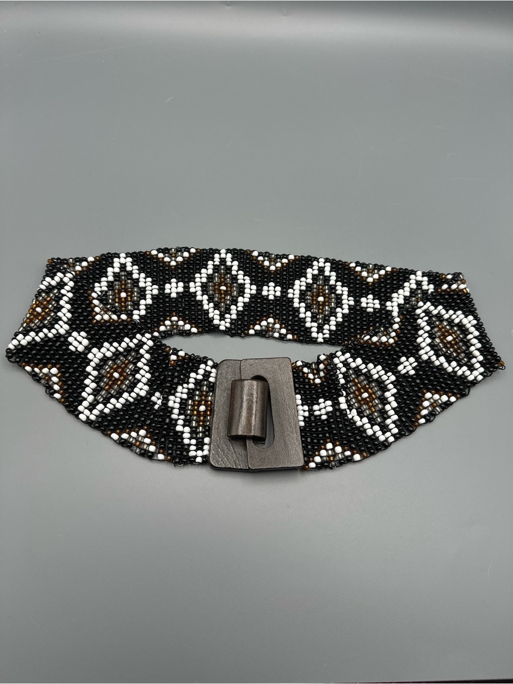 Handmade Black & White Beaded Waist Belt with Wooden Buckle